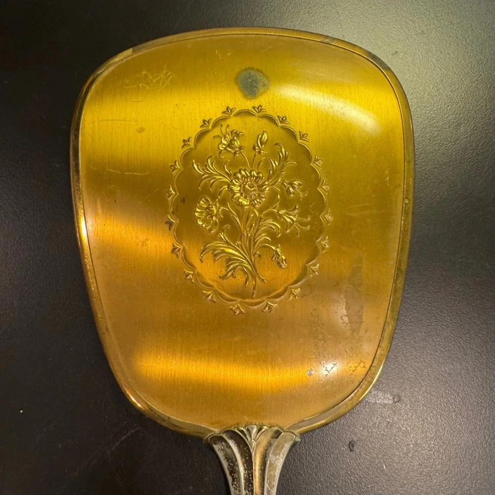 Vintage Hand Mirror Women Large Gold Floral Embossed Art‎ Deco Vanity Accessory